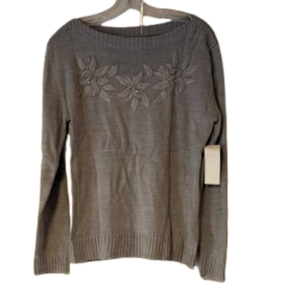 New York & Company Gray Boatneck Sweater with Floral Embellishment - Medium